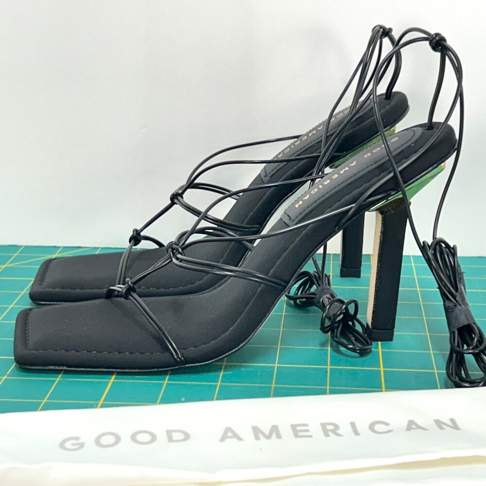 Good American Strappy 4" Heels Size 7 Black Neoprene GA330N-X New Imperfections